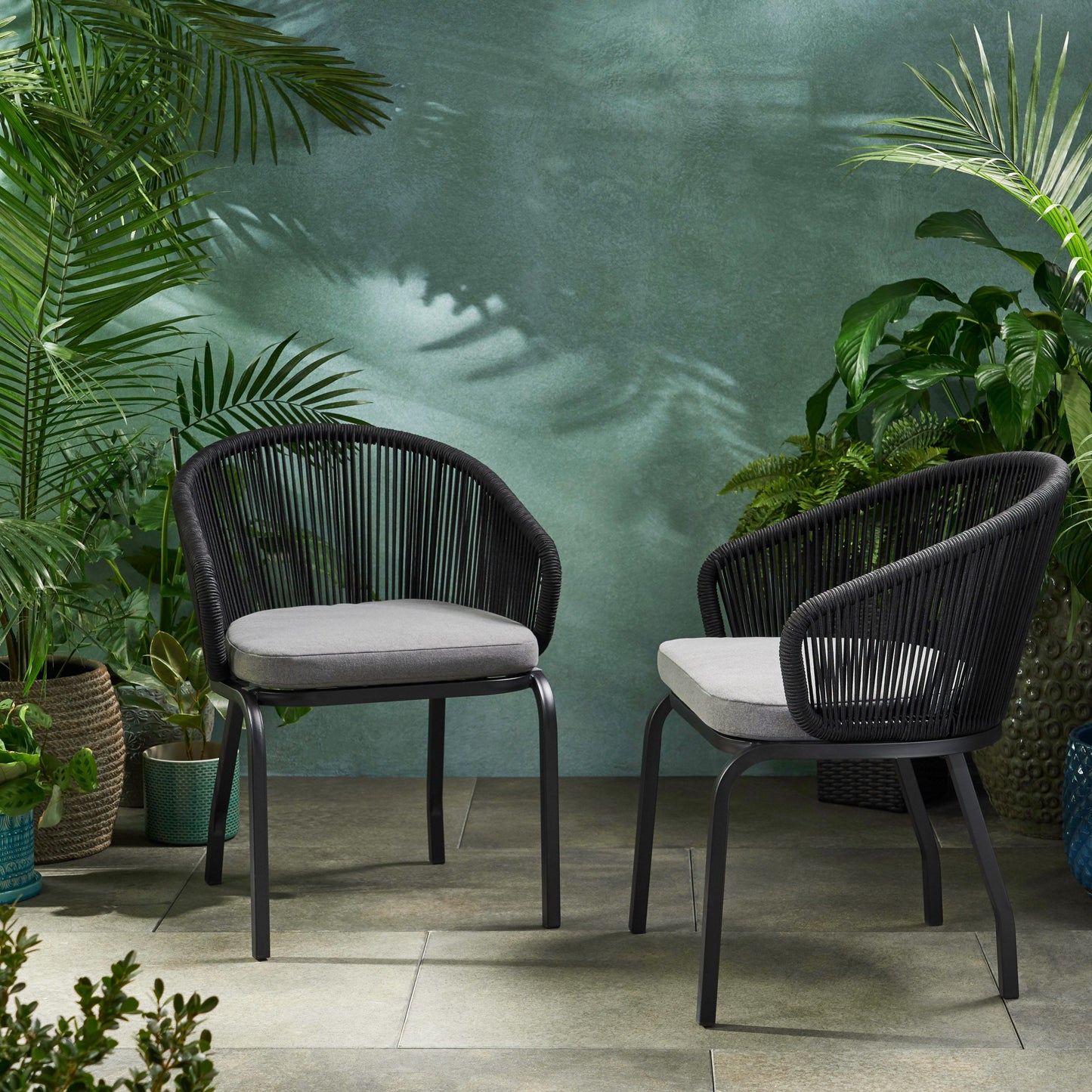 Outdoor Accent Chair With Rope Weave And Metal Frame (Set of 2) - Gray