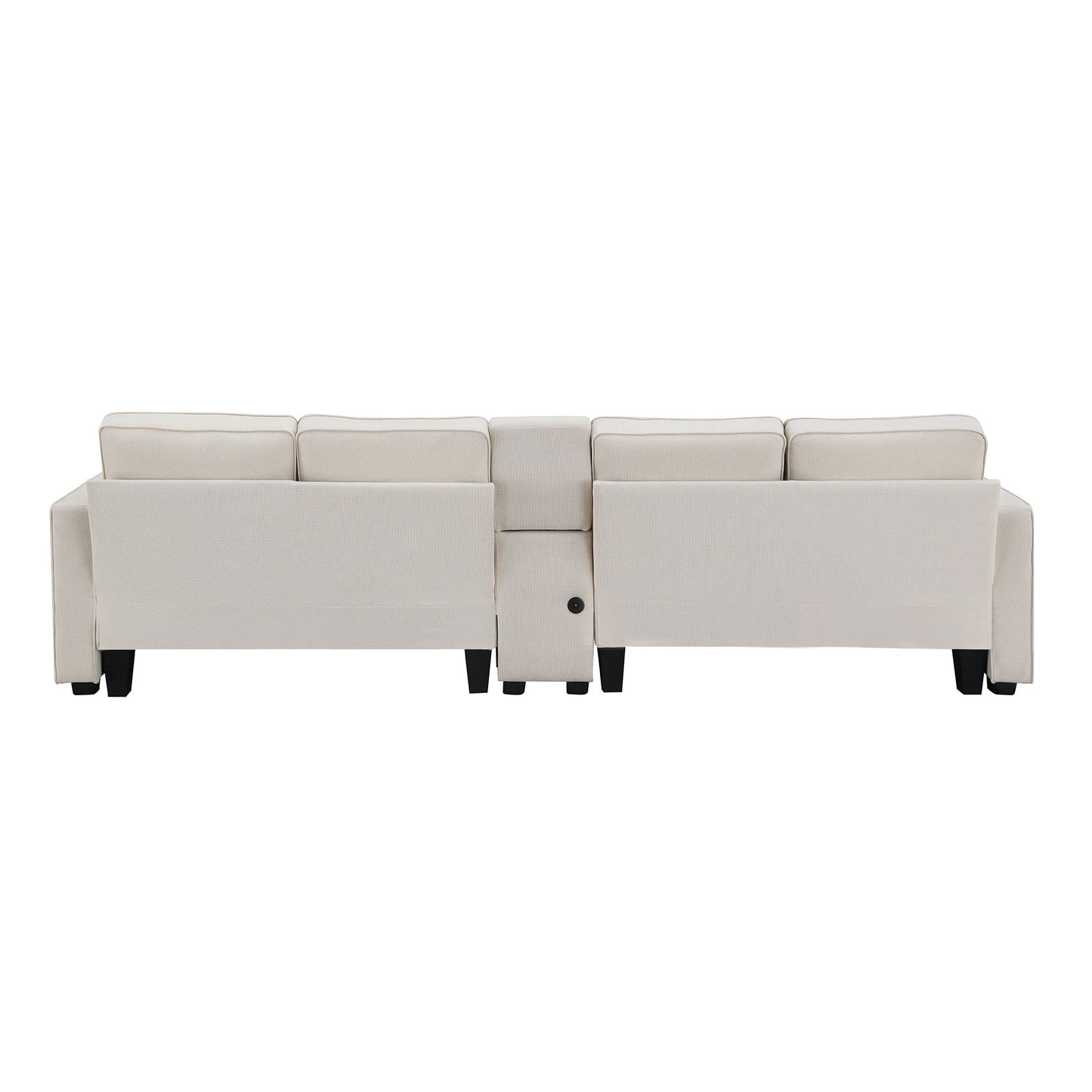 Upholstered Sofa With Console, 2 Cupholders And 2 USB Ports Wired Or Wirelessly Charged, Modern Linen Fabric Couches With 4 Pillows (4 Seat) - Beige
