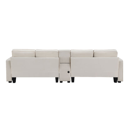 Upholstered Sofa With Console, 2 Cupholders And 2 USB Ports Wired Or Wirelessly Charged, Modern Linen Fabric Couches With 4 Pillows (4 Seat) - Beige