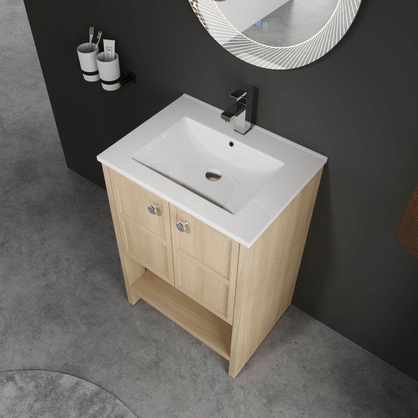 Modern 24" Freestanding Bathroom Vanity With Ceramic Sink And Soft Closing Doors - Oak