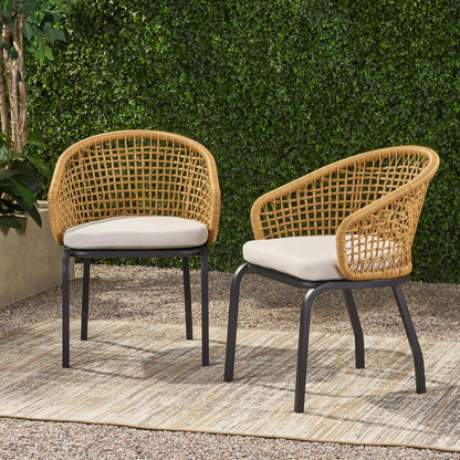 Outdoor Wicker Chair With Powder Coated Iron Legs - Light Brown