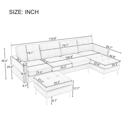 Convertible Sectional Sofa Couch With Movable Ottoman - Light Gray