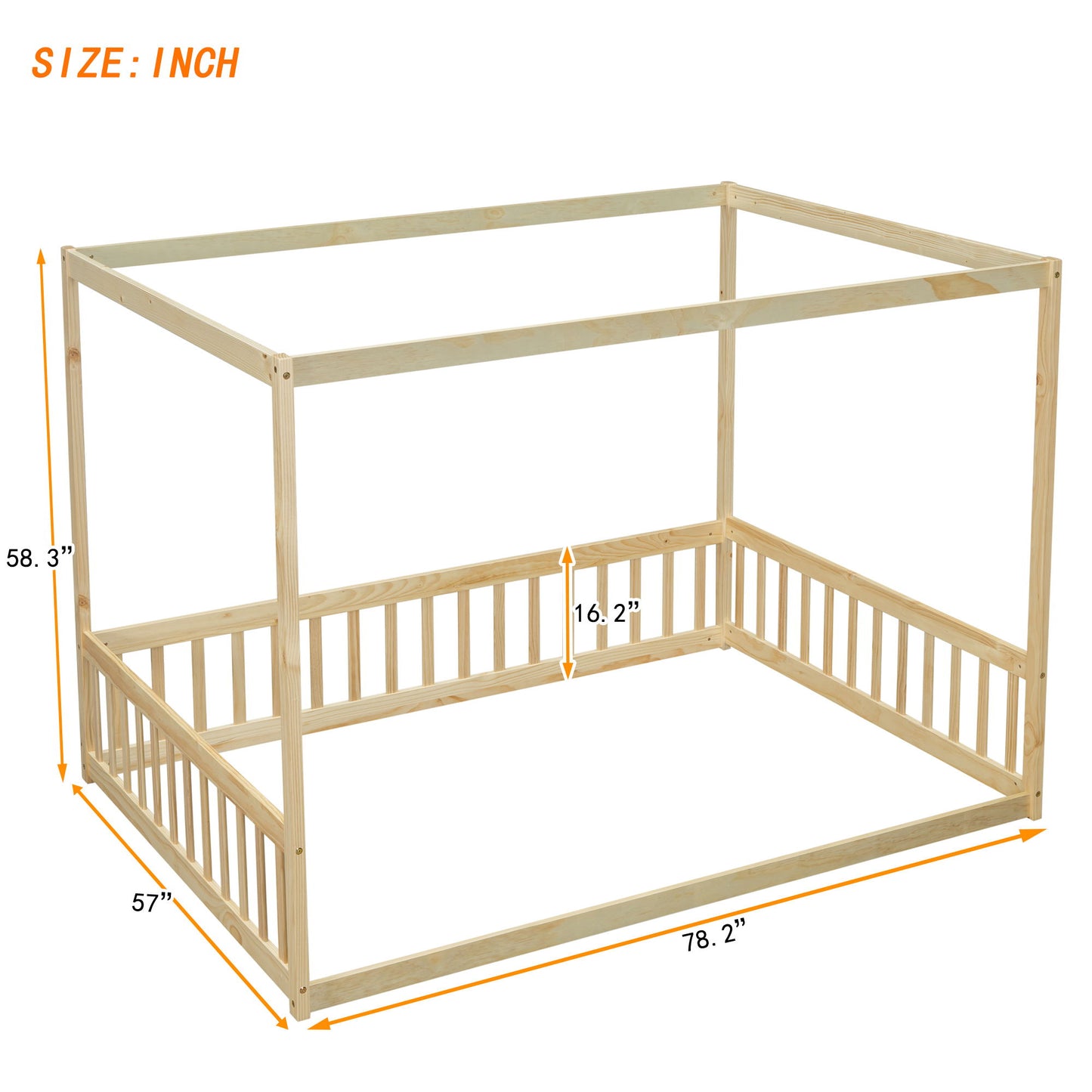 Full Size Canopy Frame Floor Bed With Fence, Guardrails - Natural