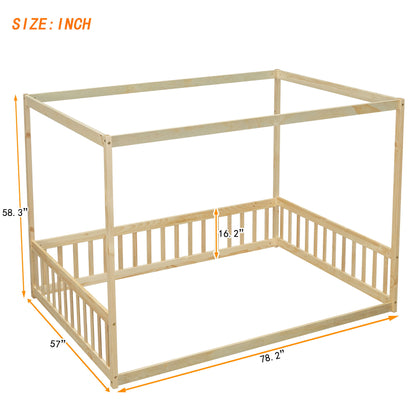 Full Size Canopy Frame Floor Bed With Fence, Guardrails - Natural