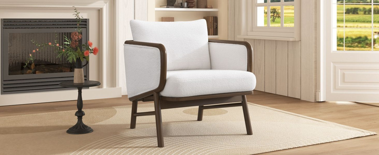 Sherpa Fabric Accent Chair, Upholstered Armchair With Solid Wood Frame, Comfortable Contemporary Lounge Chair For Living Room - White