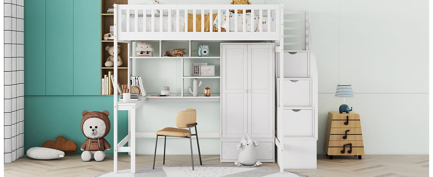 Full Size Loft Bed With Bookshelf, Drawers, Desk, And Wardrobe - White