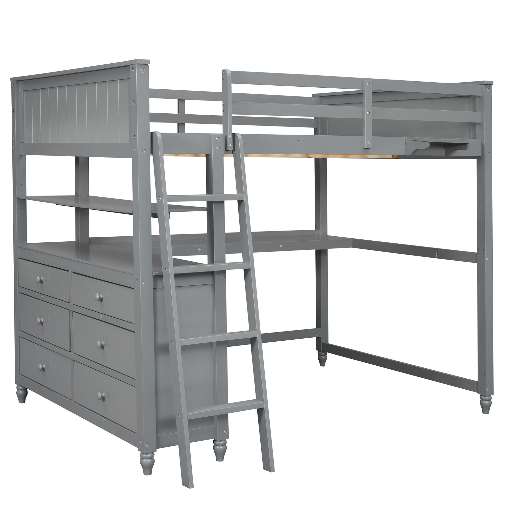 Full Size Loft Bed With Drawers And Desk With Shelves - Gray
