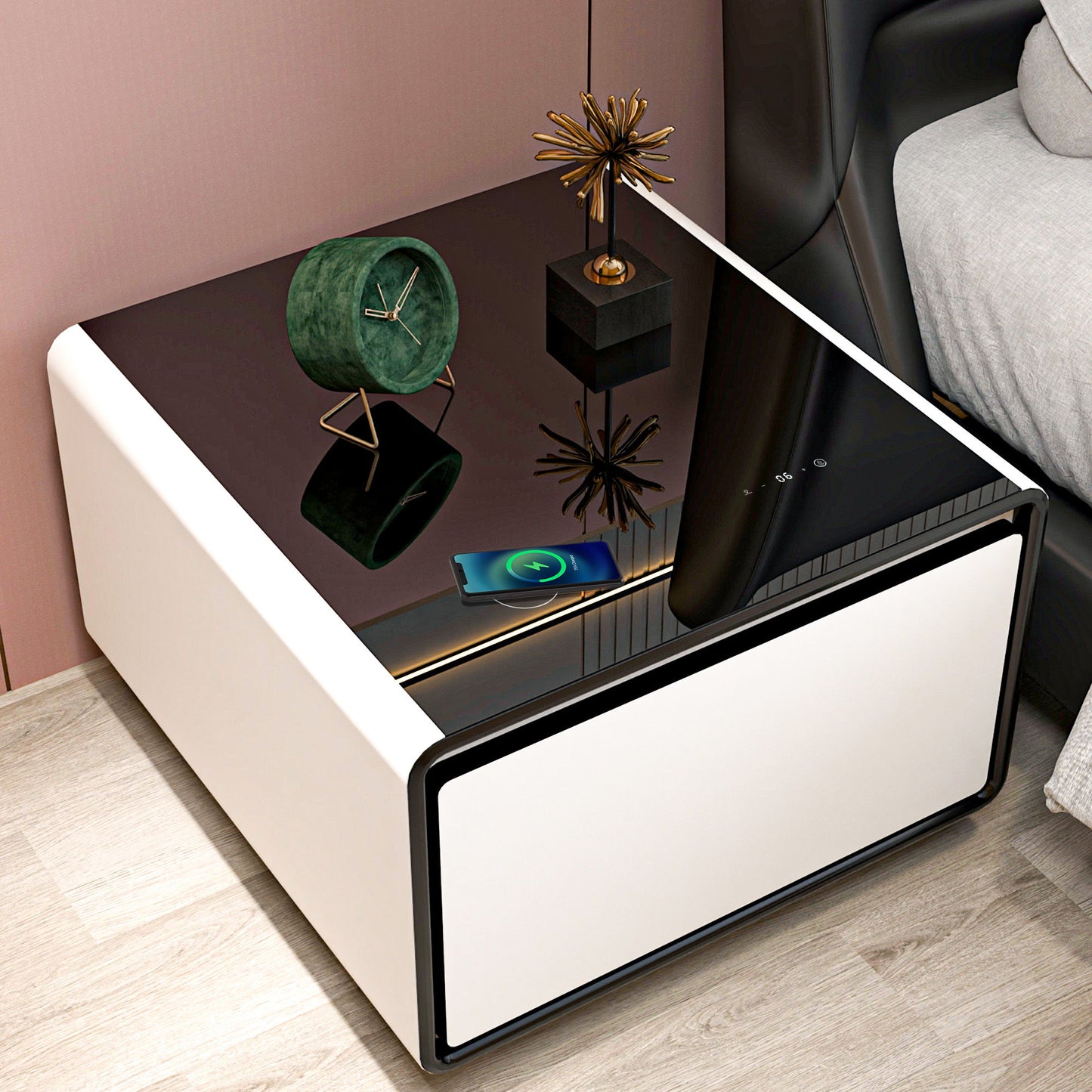 Modern Smart Side Table With Built-In Fridge, Wireless Charging, Temperature Control, Power Socket, USB Ports, Outlet Protection, Induction Light - White
