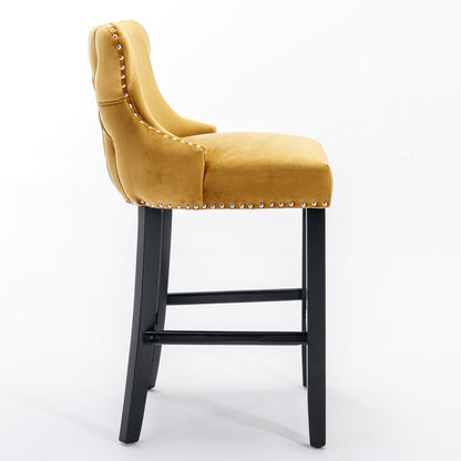 Contemporary Velvet Upholstered Wing-Back Barstools With Button Tufted Decoration And Wooden Legs, And Chrome Nailhead Trim, Leisure Style Bar Chairs, Bar Stools (Set of 4) - Gold