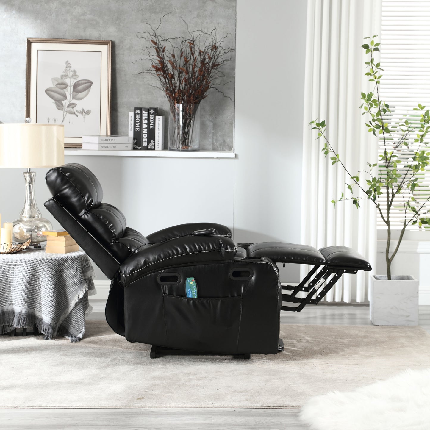 Large Size Electric Power Lift Recliner Chair Sofa, 8 Point Vibration Massage And Lumber Heat, Remote Control, Side Pockets And Cup Holders - Black