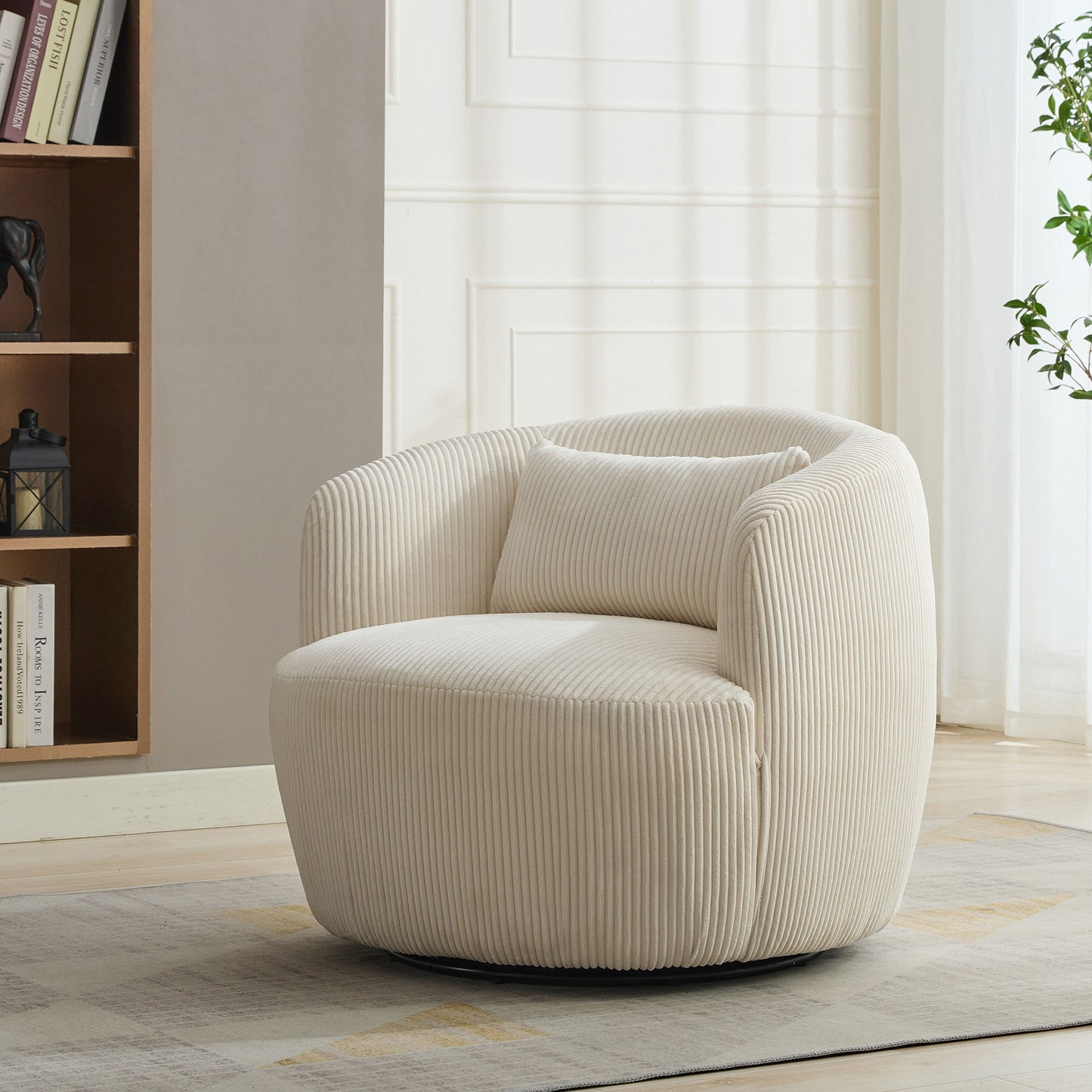 Upholstered Metal Base 360 Degree Swivel Barrel Soft Chair With Pillow, For Club, Living Room, Bedroom, Office As Well As Reading Armchair - Ivory