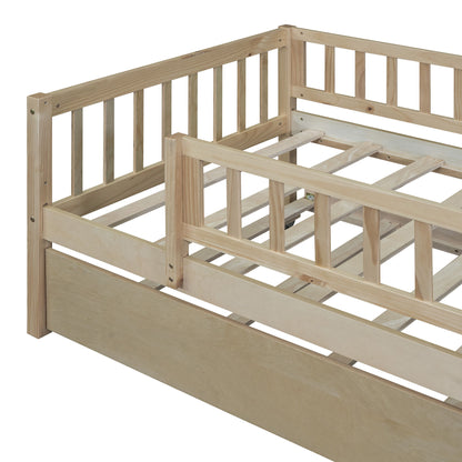 Twin Size Daybed With Trundle And Fence Guardrails - Natural