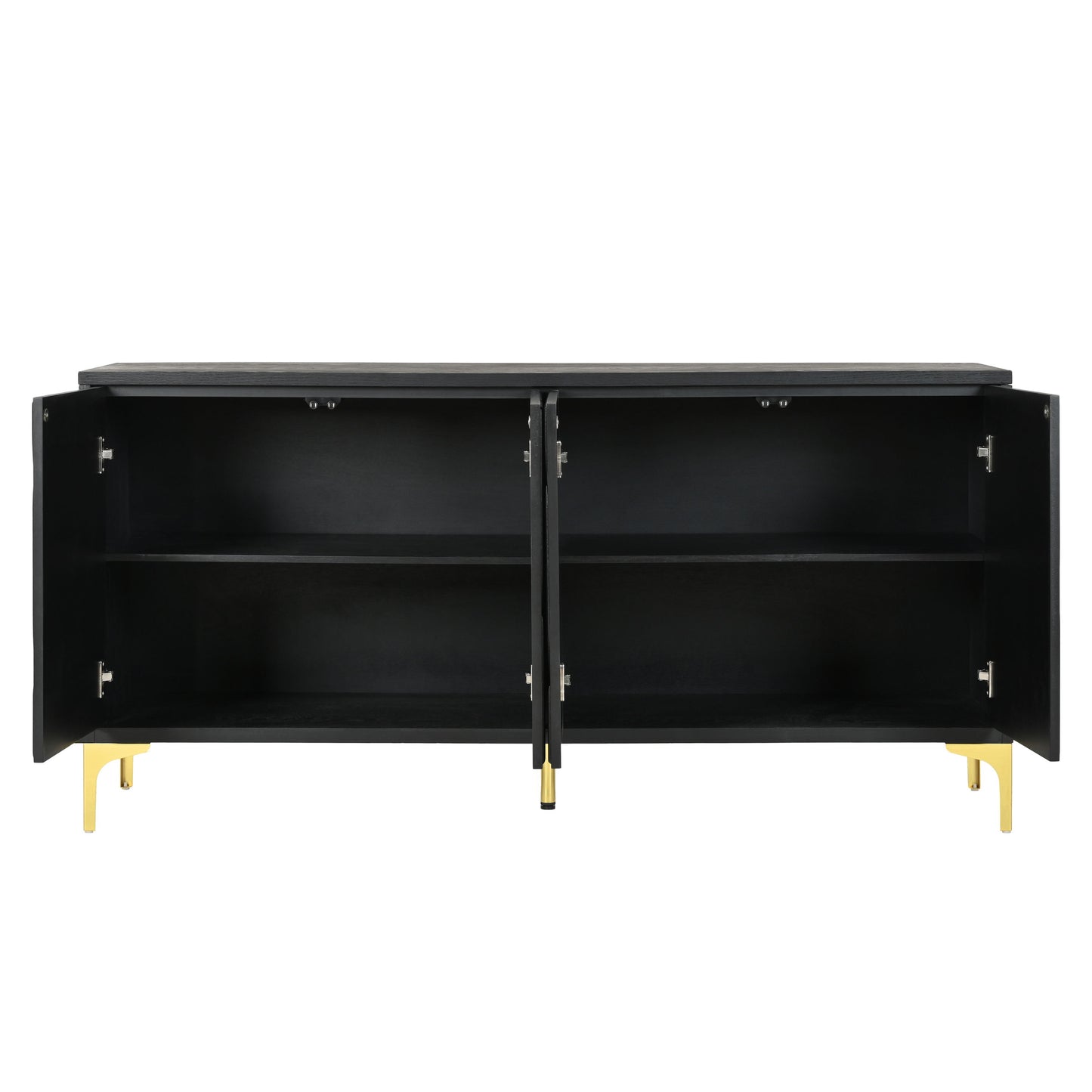 Modern Sideboard Buffet Cabinet With Handleless Press To Open Design, Carved Credenza Storage Cabinet With 4 Doors Construction - Black