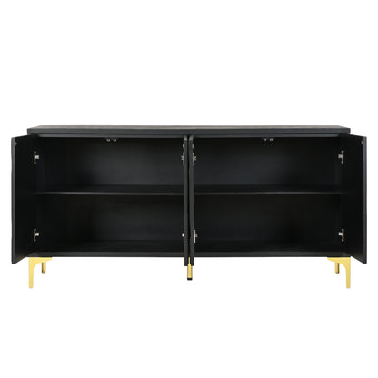 Modern Sideboard Buffet Cabinet With Handleless Press To Open Design, Carved Credenza Storage Cabinet With 4 Doors Construction - Black