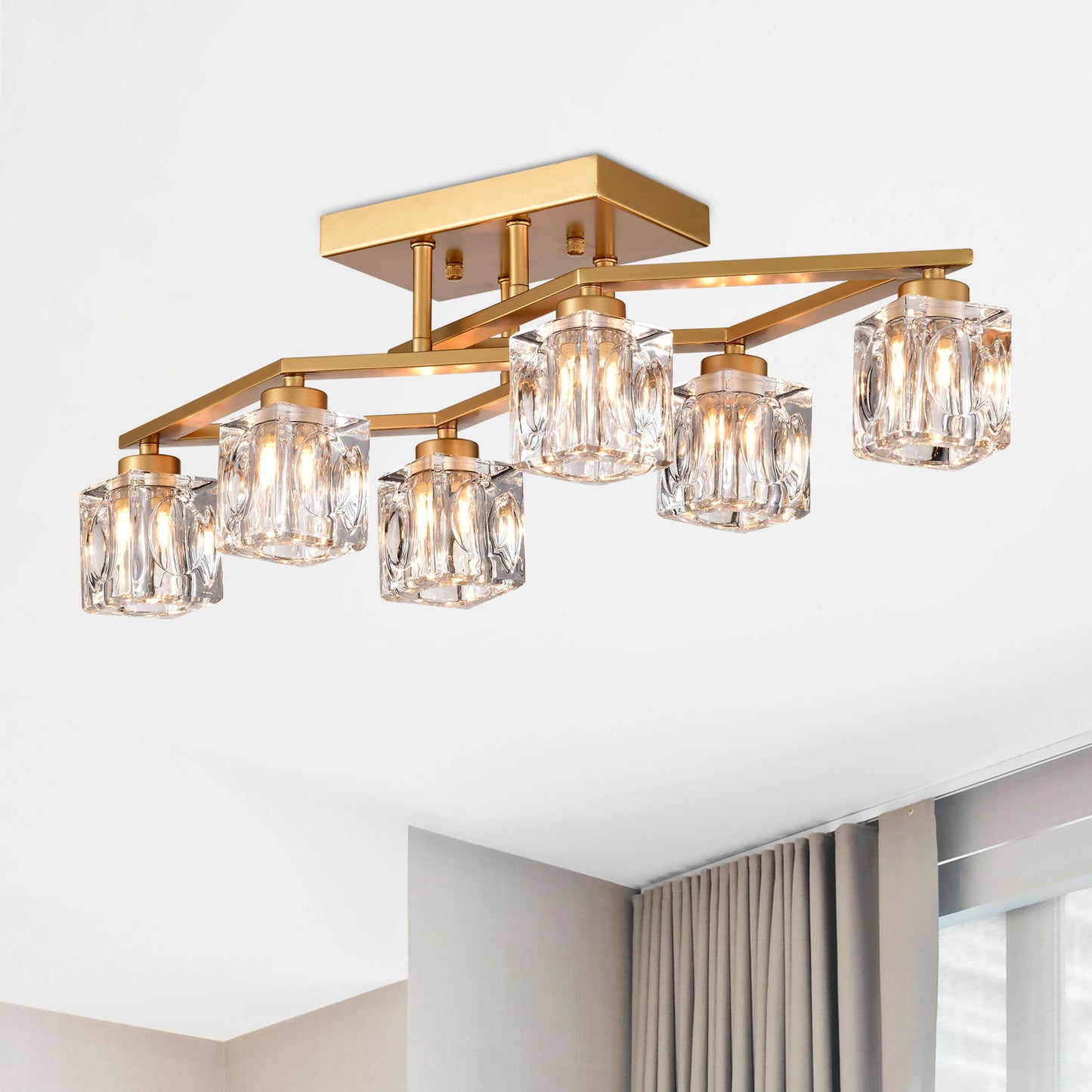 6 Light Crystal Ceiling Light For Dining Room, Modern Ceiling Lamp With Light Fixture For Entryway, Lobby, Kitchen, Bedroom, Living Room, Conference Room, (6*G9 Bulbs Included) - Gold