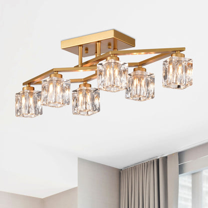 6 Light Crystal Ceiling Light For Dining Room, Modern Ceiling Lamp With Light Fixture For Entryway, Lobby, Kitchen, Bedroom, Living Room, Conference Room, (6*G9 Bulbs Included) - Gold