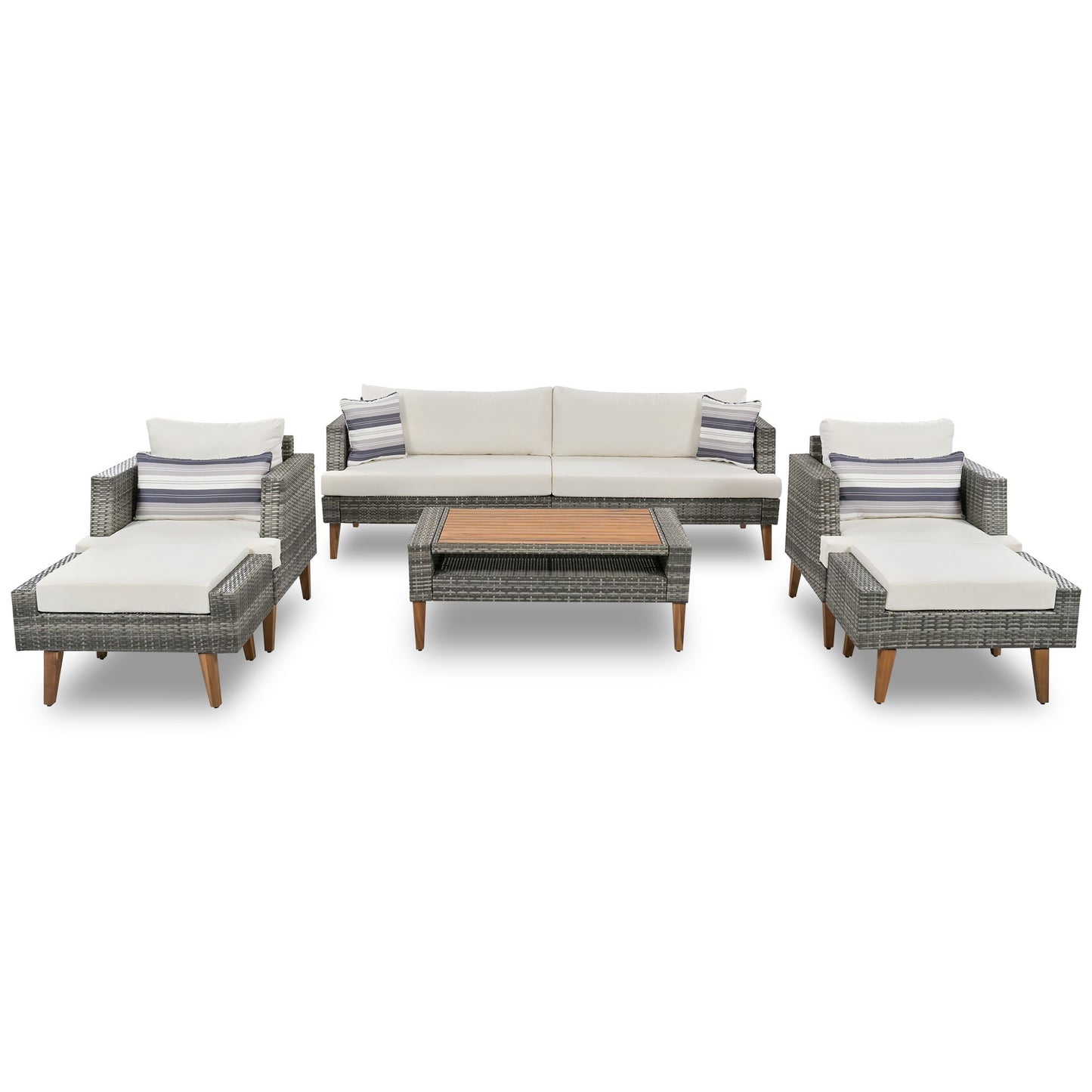 6 Pieces All Weather Sofa Set, Outdoor Rattan Sofa With Double Cushions, Wood Legs Wood Table Top - Beige / Gray