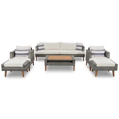 6 Pieces All Weather Sofa Set, Outdoor Rattan Sofa With Double Cushions, Wood Legs Wood Table Top - Beige / Gray