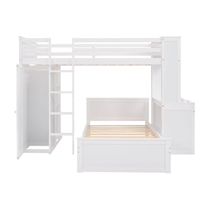 Twin Size Loft Bed With A Stand Alone Bed, Shelves, Desk, And Wardrobe - White