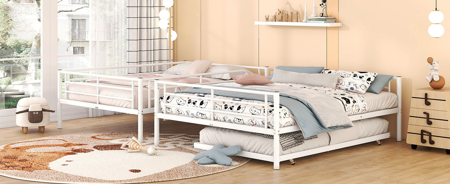 Full Long Over Queen Metal Bunk Bed With Trundle - White