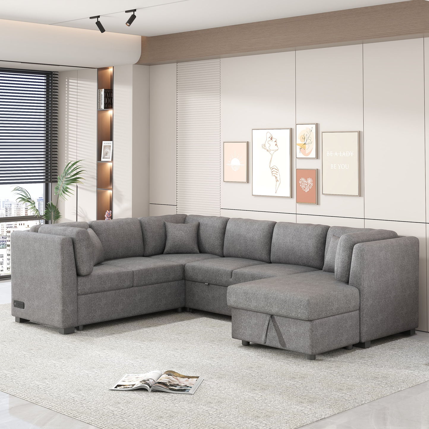 U-Shaped Sectional Sofa Pull Out Sofa Bed With Two USB Ports, Two Power Sockets, Three Back Pillows And A Storage Chaise For Living Room - Light Gray