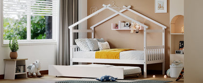 Twin Size House Bed With Twin Size Trundle - White