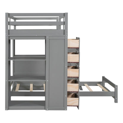 Twin Over Twin Bunk Bed With LED Light And USB Ports - Gray