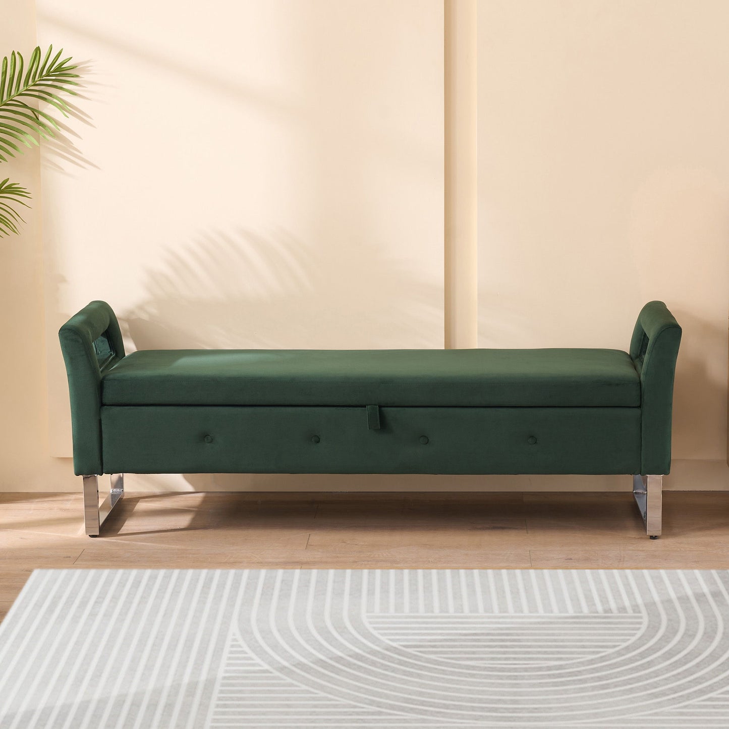 Wide Storage Soft Ottoman Bench With Armrests, Footrest Bed End Stool For Living Room, Dorm, Entryway And Bedroom - Green