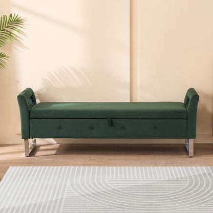 Wide Storage Soft Ottoman Bench With Armrests, Footrest Bed End Stool For Living Room, Dorm, Entryway And Bedroom - Green