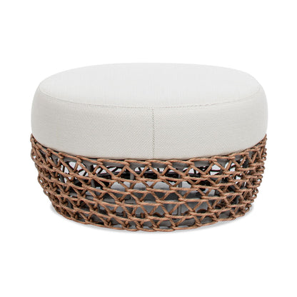 Willow - Round Upholstered Woven Patio Ottoman, Wicker Frame - Wheat Beige / Golden Brown