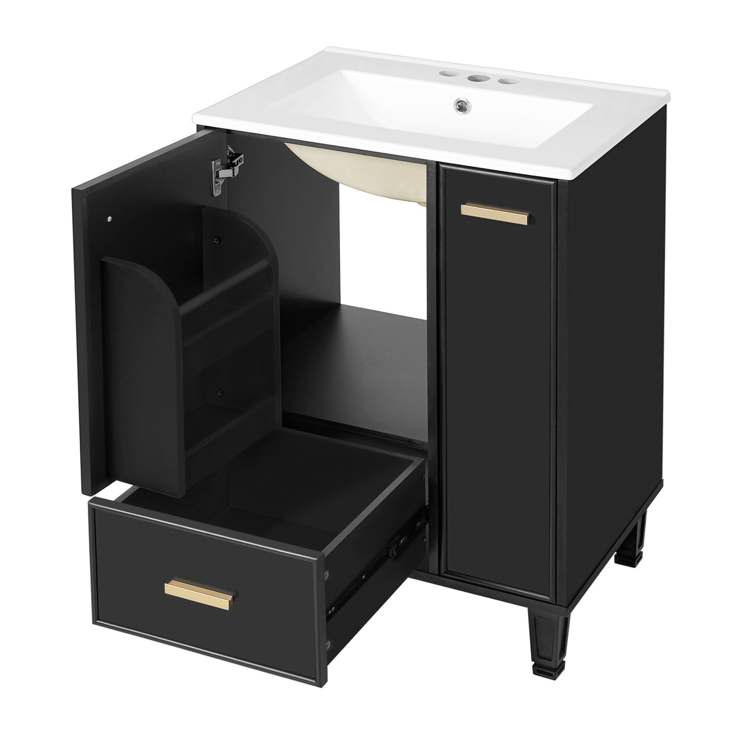 Modern Solid Wood And 24" Bathroom Vanity With Sink, Deep Drawer, Door Shelf, 2 Tier Basket - Black