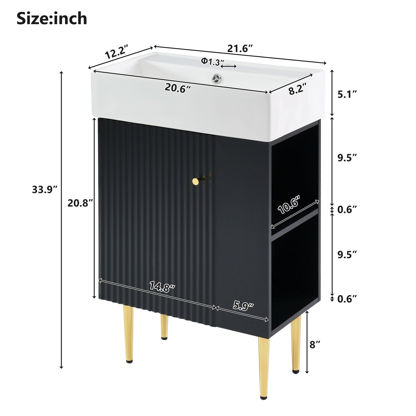Bathroom Vanity, Combo Cabinet, Bathroom Storage Cabinet, Single Ceramic Sink, Right Side Storage - Black