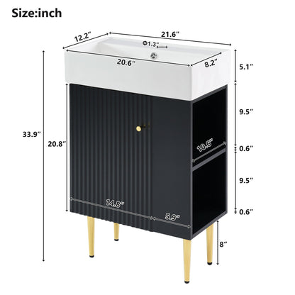 Bathroom Vanity, Combo Cabinet, Bathroom Storage Cabinet, Single Ceramic Sink, Right Side Storage - Black