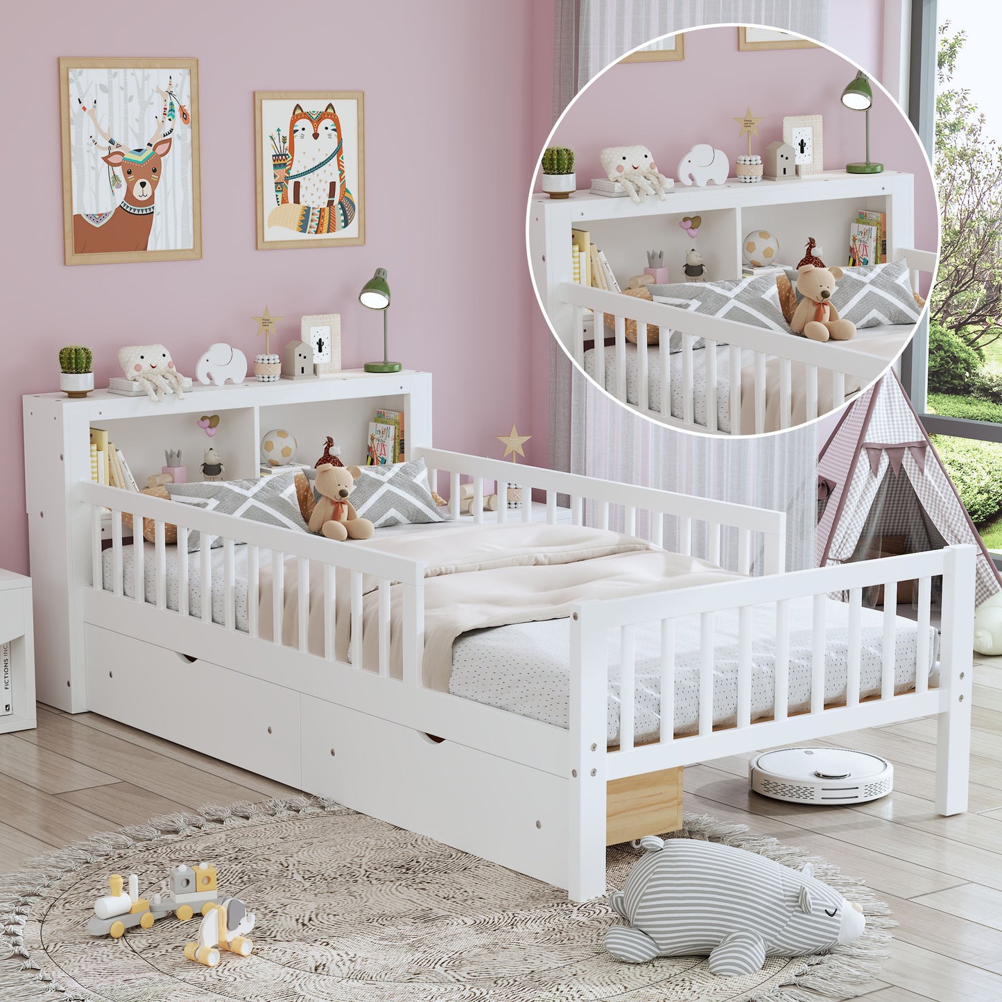 Twin Size Bed With Headboard Storage Rack, 2 Under Bed Drawers, 3 - Side Guardrails For Safety And Security - White