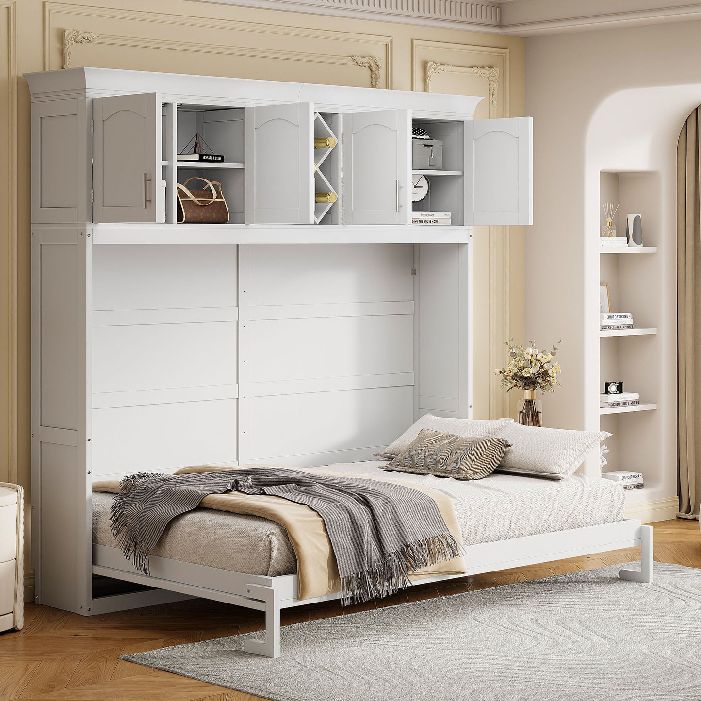 Queen Size Murphy Wall Bed With Top Cabinets & Wine Rack - White