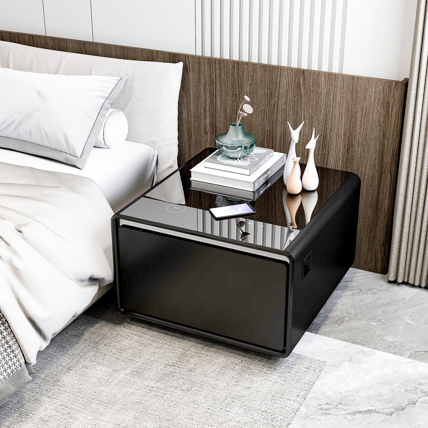 Modern Smart Side Table With Built-In Fridge, Wireless Charging, Temperature Control, Power Socket, USB Ports, Outlet Protection, Induction Light - Black