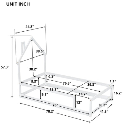 Twin Size Wood Bed With House-Shaped Headboard Floor Bed With Fences - White