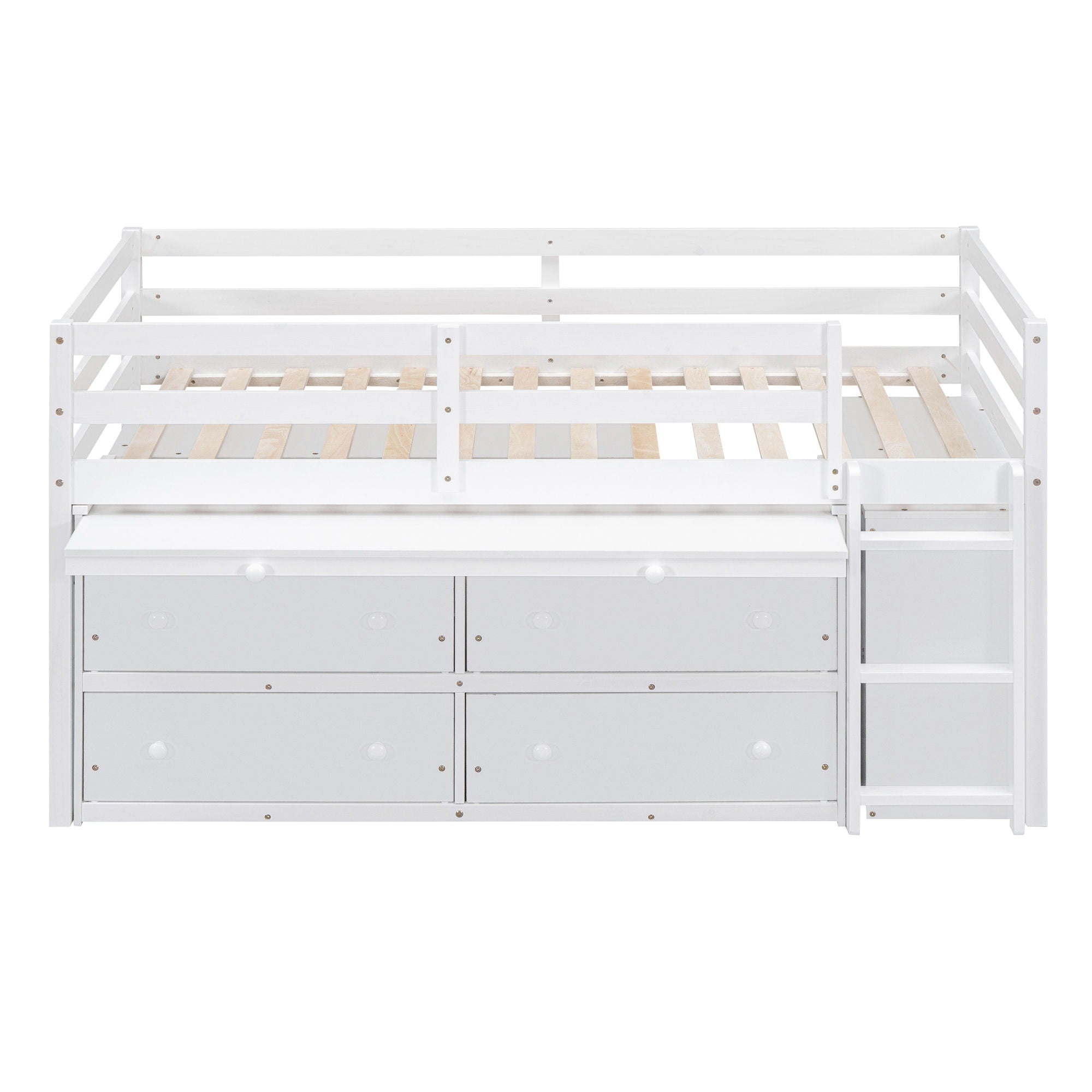 Twin Size Loft Bed With Retractable Writing Desk And 4 Drawers, With Lateral Portable Desk And Shelves - White