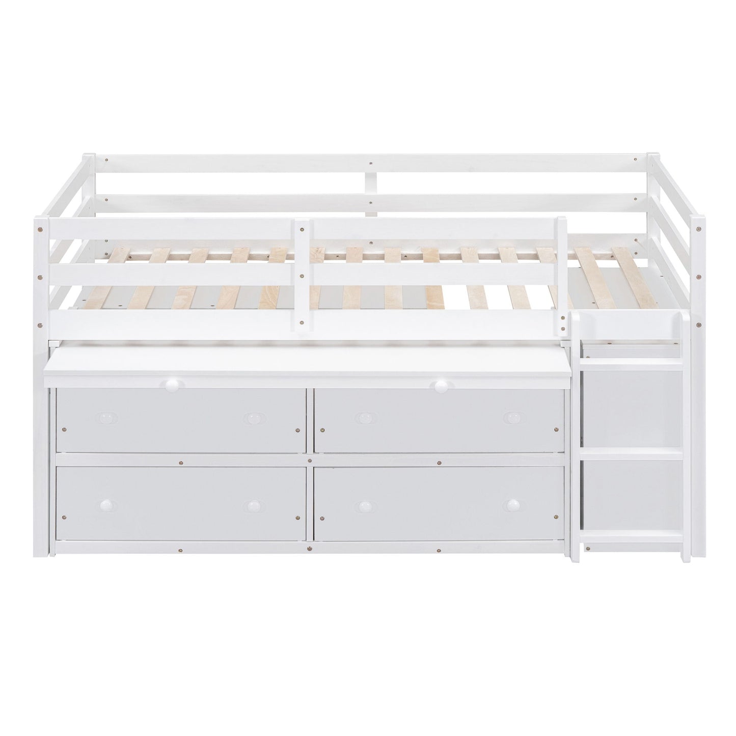 Twin Size Loft Bed With Retractable Writing Desk And 4 Drawers, With Lateral Portable Desk And Shelves - White