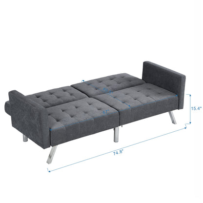Futon Sofa Bed Convertible Folding Lounge Couch, Armrests - Dark Gray