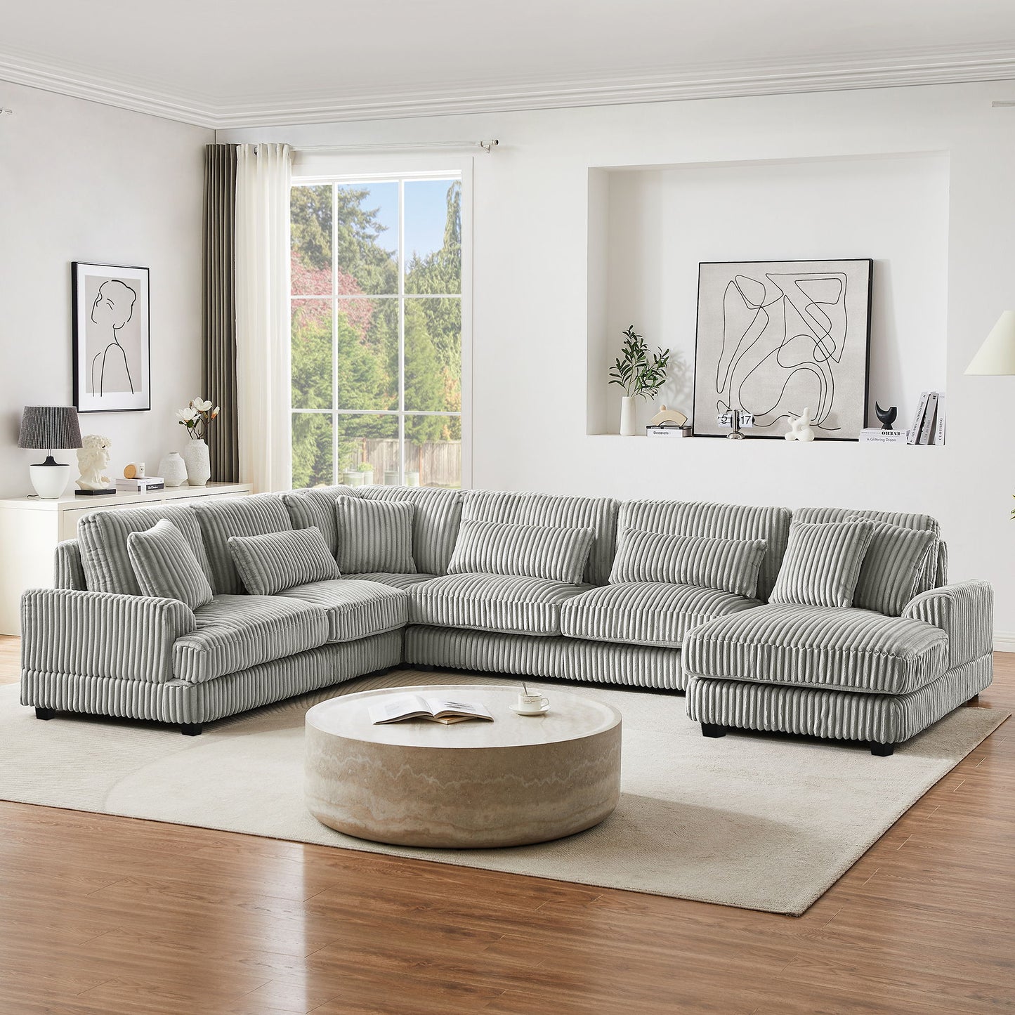 Oversized Sectional Sofa U - Shaped Sofa Couch Modern Sofa Upholstered In Soft Corduroy With A Chaise Lounge For Living Room - Gray