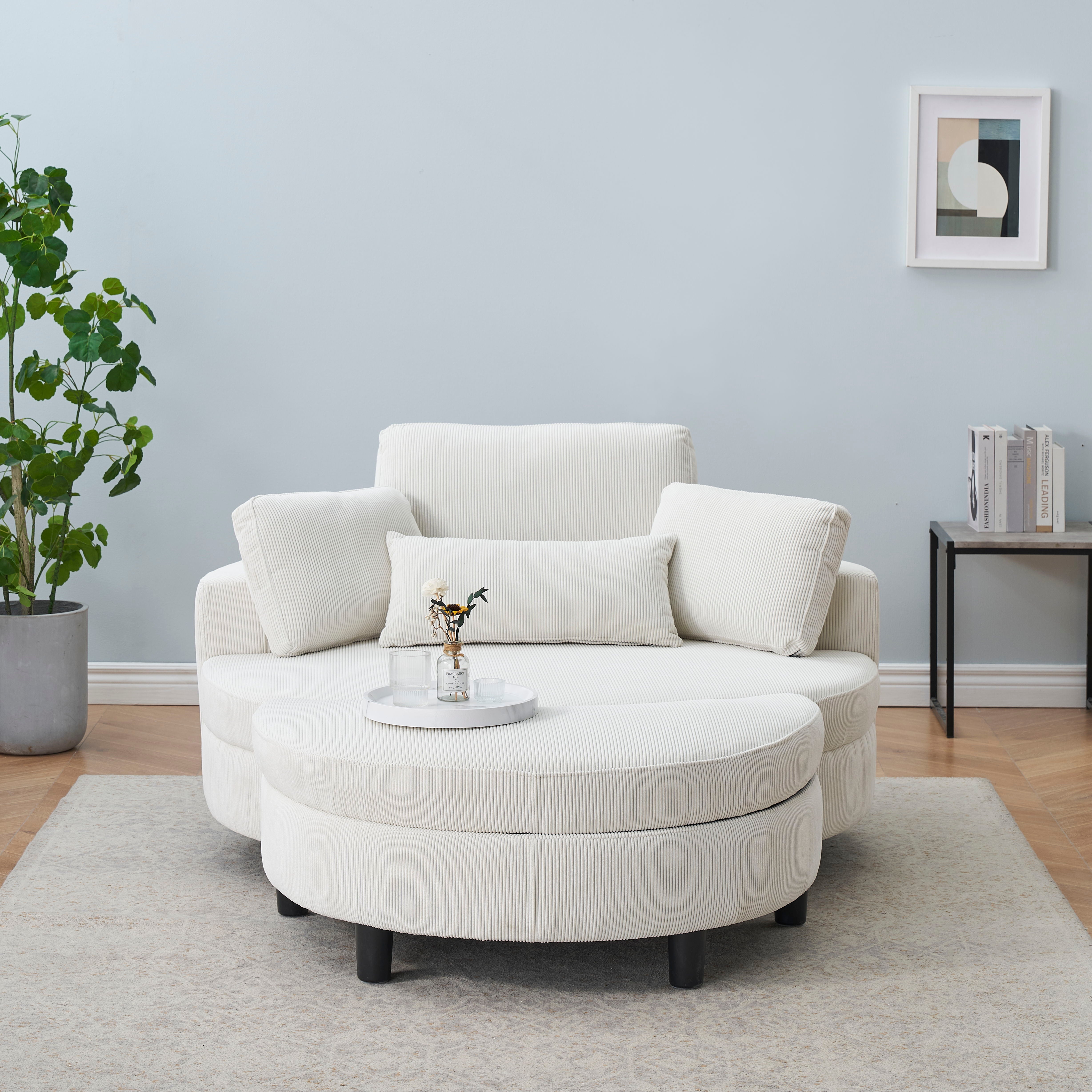 Corduroy Sofa With Two Throw Pillows And A Waist Pillow With An Extra Tray For Comfortable Seating Suitable For Small Apartment Bedroom Space - Beige