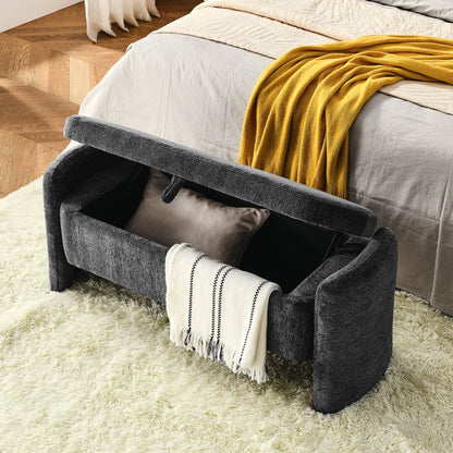 Ottoman Oval Storage Bench Chenille Bench With Large Storage Space For The Living Room, Entryway And Bedroom - Gray
