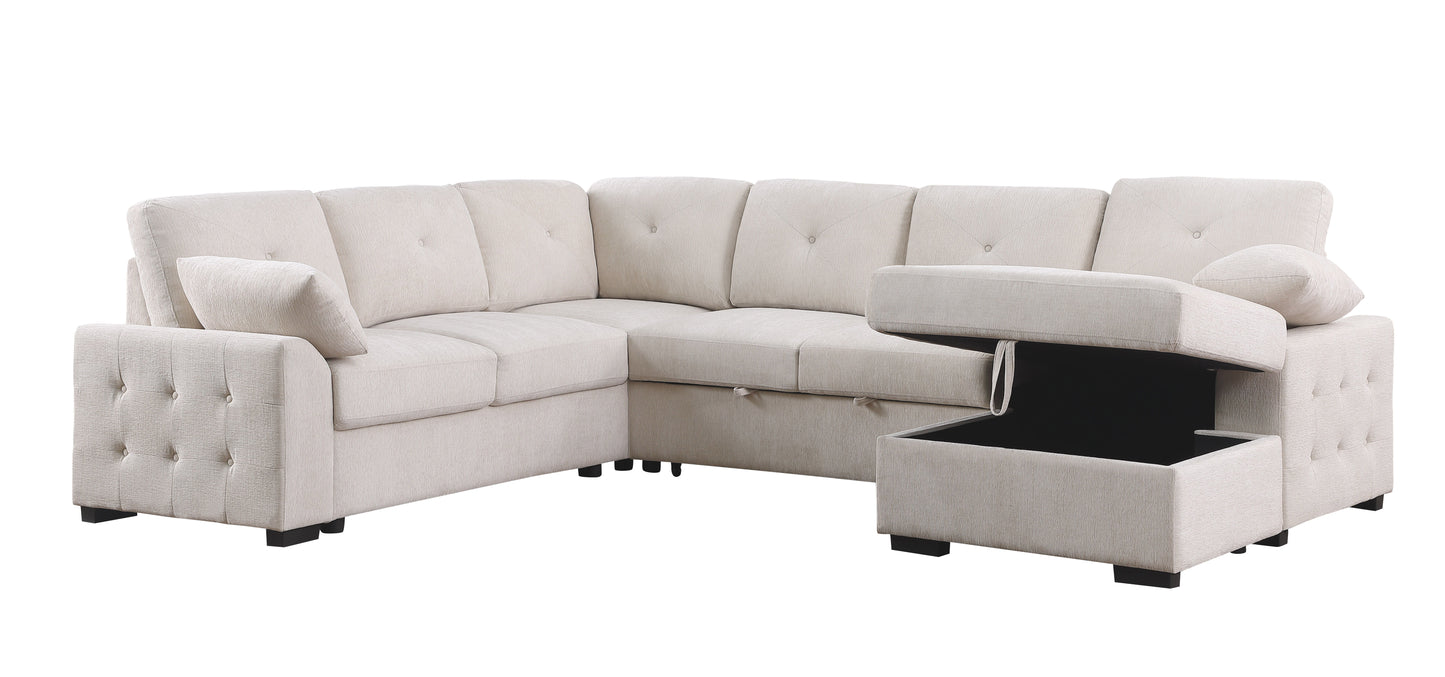 Nyhan - Upholstered Corner Sectional With Pull Out Loveseat And Storaged Chaise - Beige