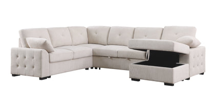 Nyhan - Upholstered Corner Sectional With Pull Out Loveseat And Storaged Chaise - Beige