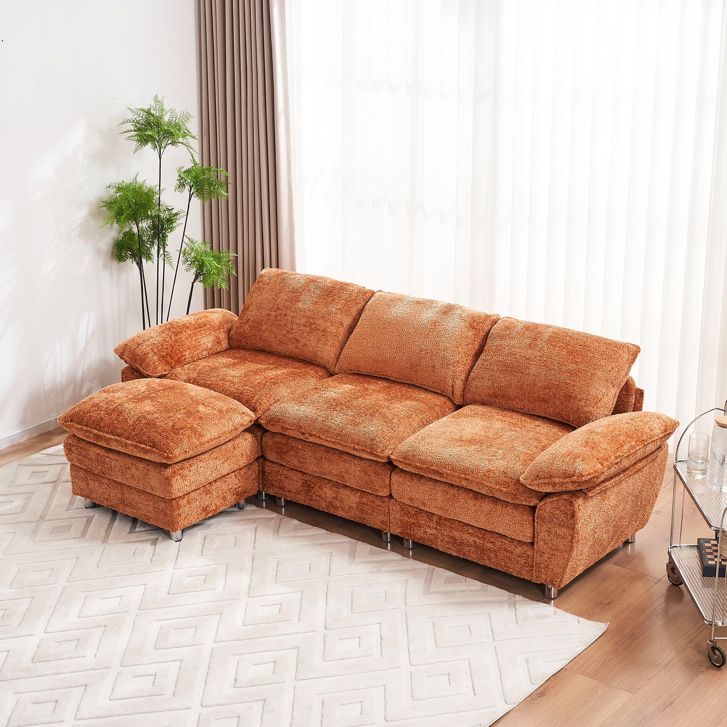 Modern Deep 3 Seat Sofa Couch With Ottoman, Polyester Sofa Sleeper Comfy Upholstered Furniture For Living Room - Orange