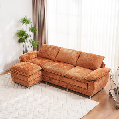 Modern Deep 3 Seat Sofa Couch With Ottoman, Polyester Sofa Sleeper Comfy Upholstered Furniture For Living Room - Orange
