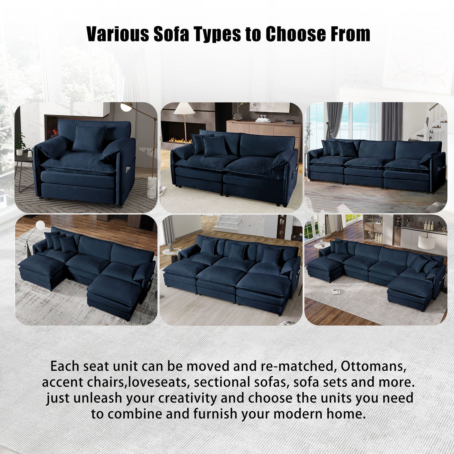 Oversized Recliner Chair With Movable Ottoman, Soft Chenille Upholstered Indoor Lounge Chair, Diy Combination - Blue