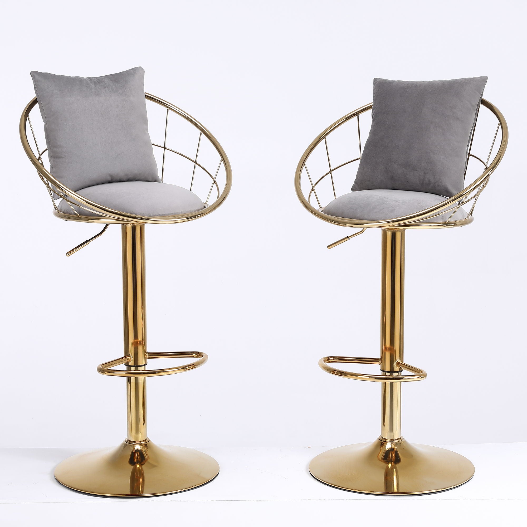 Velvet Bar Chair, Pure Gold Plated, Unique Design, 360 Degree Rotation, Adjustable Height, Suitable For Dining Room And Bar, (Set of 2) - Gray