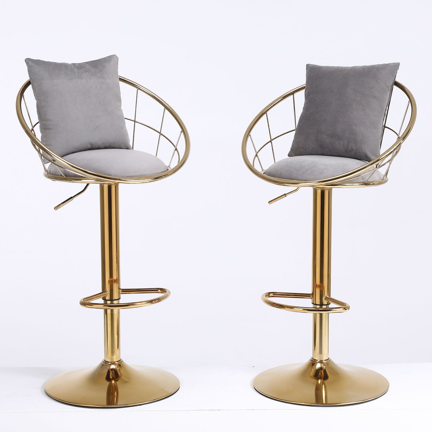 Velvet Bar Chair, Pure Gold Plated, Unique Design, 360 Degree Rotation, Adjustable Height, Suitable For Dining Room And Bar, (Set of 2) - Gray